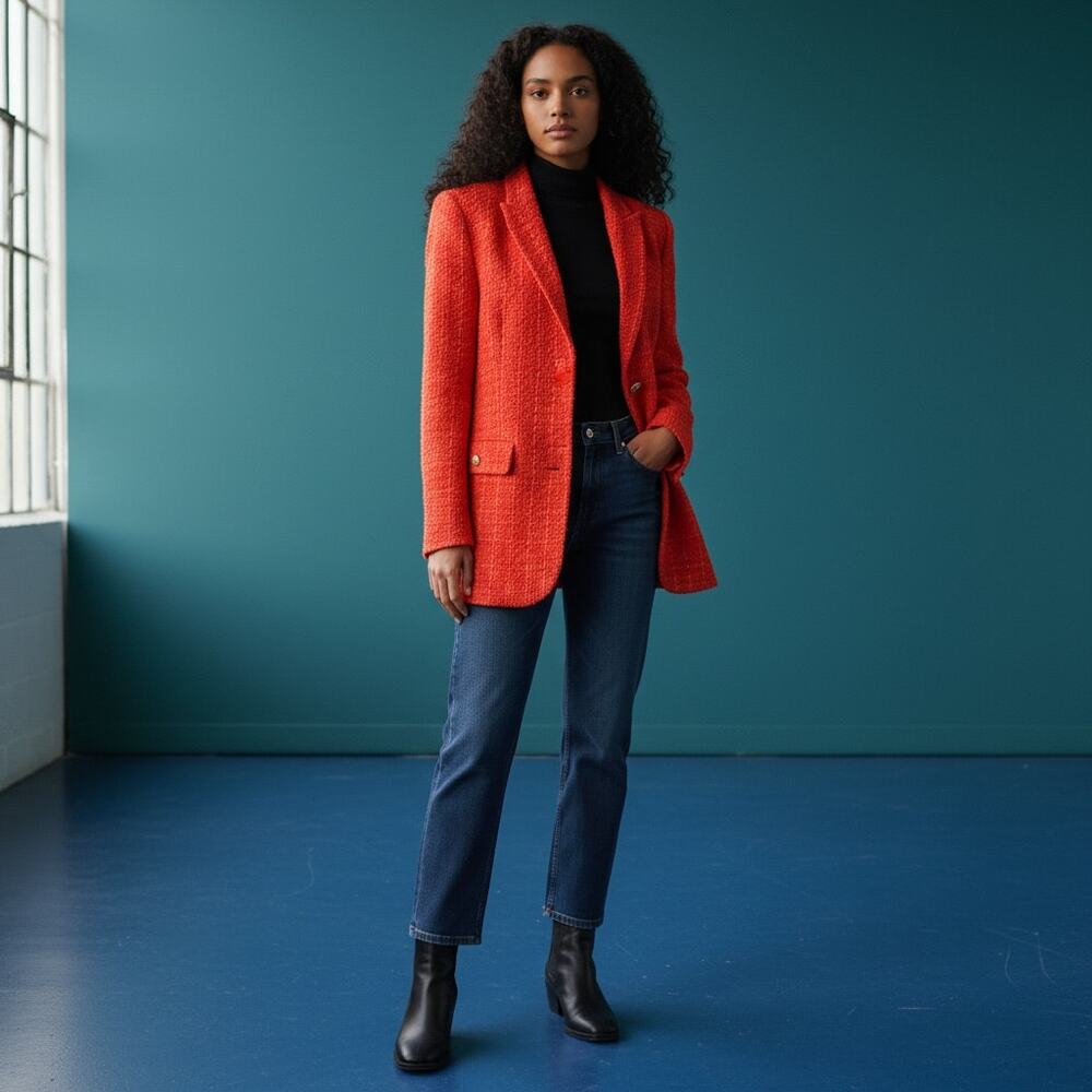 Zara Red Coral Tweed Boucle Double Breasted Blazer Gold Crest Buttons XS